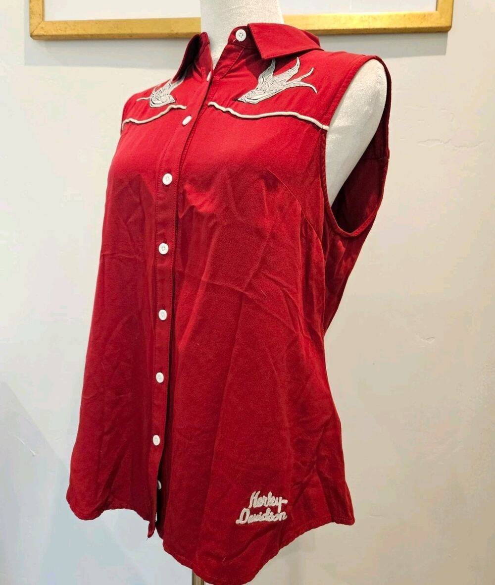 Harley-Davidson Women Red Western Sleeveless Shirt Swallow Embroidered S 2022